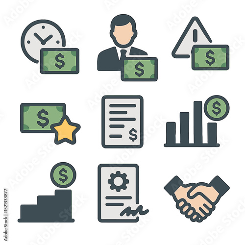 Wage Icon Grid. Flat icon set of wage and salary levels: hourly wage icon, salaried employee, minimum wage