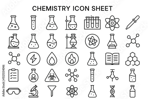 Chemistry Icon Collection: A comprehensive set of minimalistic chemistry icons representing a wide array of laboratory equipment, chemical compounds, and essential elements.