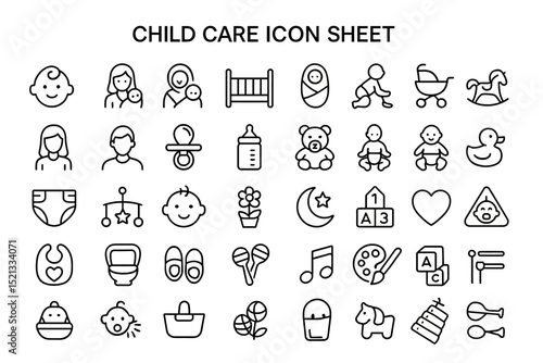 Child Care Icon Sheet: A collection of meticulously crafted icons, capturing the essence of child care with precision and clarity, designed to enhance user interface and visual communication.