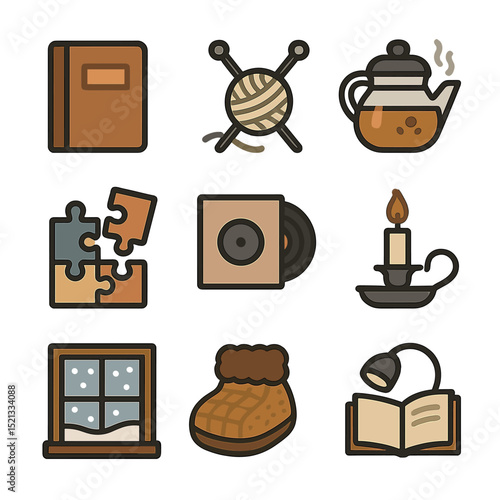 Winter Ritual Icons. Flat icon set of winter offline rituals: analog journal, knitting needles, tea brewing,