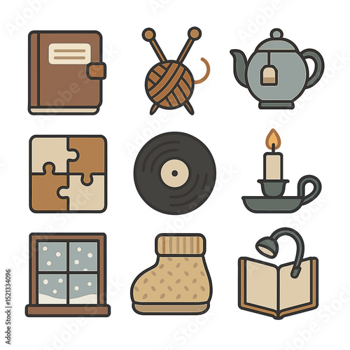 Winter Ritual Icons. Flat icon set of winter offline rituals: analog journal, knitting needles, tea brewing,
