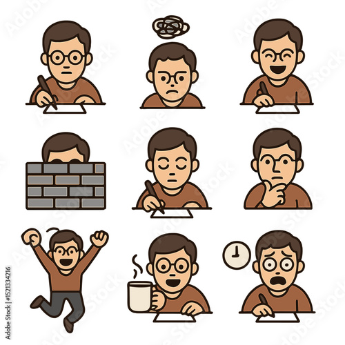 Writer's Emotional Icons. Flat icon set of writer’s emotional states: focused face, frustrated scribble,