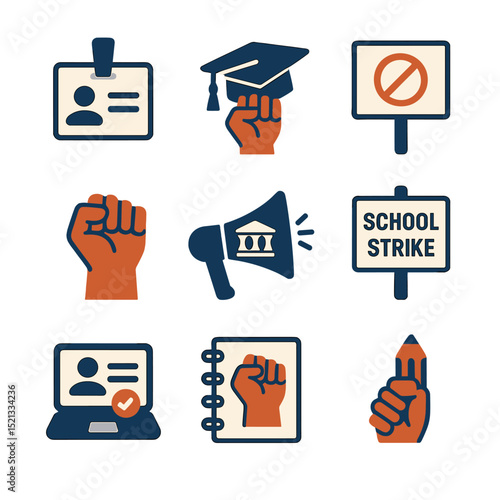 Youth Protest Icons. Flat icon set of student and youth protests: student ID badge, graduation cap protest,
