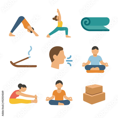 Yoga Icon Set. Flat icon set of yoga fitness style: downward dog, warrior pose, yoga mat, incense icon, breath