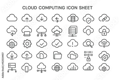 Cloud Computing Icon Sheet: A comprehensive set of meticulously crafted icons representing various aspects of cloud computing, symbolizing the digital age.
