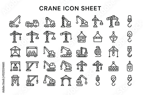 Crane Icon Collection: A comprehensive collection of crane icons, a variety of industrial lifting machinery illustrations for construction, heavy lifting, and engineering projects. 
