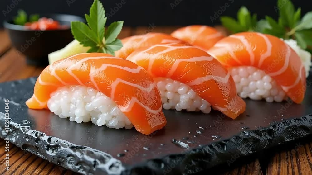 Delicious Salmon Sushi Nigiri Presentation Appealing Fresh Seafood Japanese Cuisine Gourmet Food Delicious Salmon Sushi Nigiri Presentation Appealing Fresh Seafood Japanese Cuisine Gourmet Food