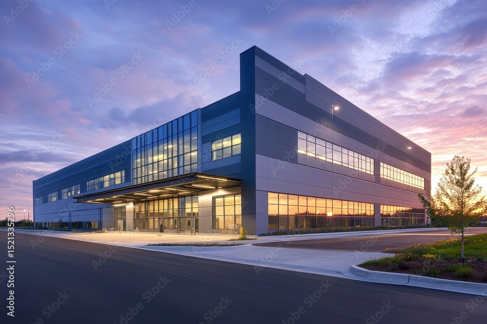 Obraz premium Contemporary Gray Distribution Center at Dawn: A Stylish Warehouse Facility Showcasing Modern Architecture