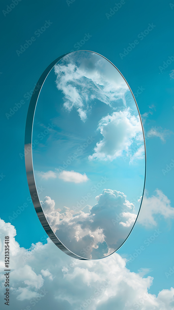 Obraz premium Surreal Floating Mirror Reflecting Clouds in a Dreamy Sky
