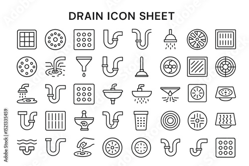 Drain Icon Sheet: A comprehensive array of illustrative icons representing diverse drain systems and plumbing elements, capturing the essence of design and functionality for the plumbing industry.