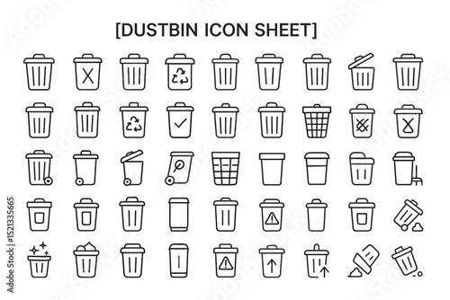 Dustbin Icon Sheet: A comprehensive collection of minimalist dustbin icons, offering a diverse range of styles and variations for various design needs.