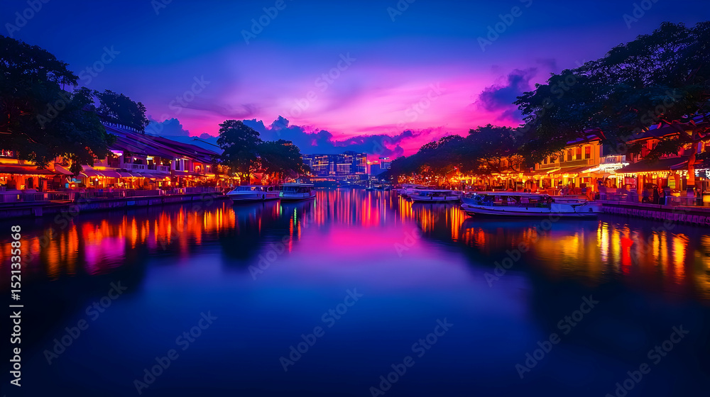 Fototapeta premium Vibrant Colorful Night Cityscape River Scene