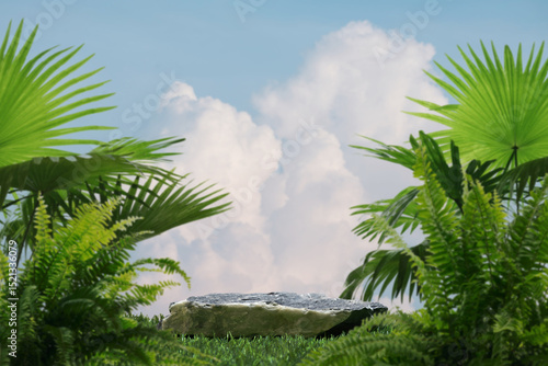 Surreal stone podium with green grass white clouds on blue sky nature forest background.Product present natural placement pedestal minimal display,paradise dreamy concept.