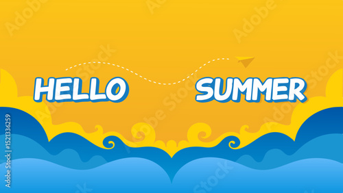Hello summer text with a paper airplane flying above blue waves and yellow clouds on a yellow background
