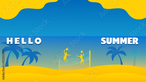 Illustration of a beach volleyball game with palm trees and the words hello summer on a sunny day