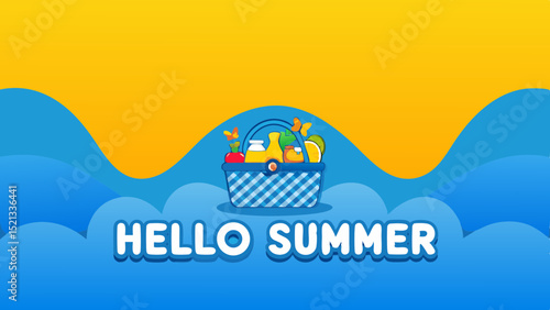 A summer picnic basket filled with fruits and drinks with the words hello summer in the foreground