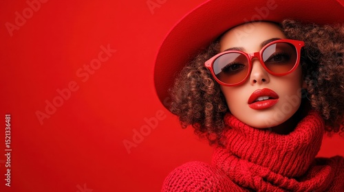 Wallpaper Mural The image highlights a fashionable woman wearing a red hat and sunglasses posed against a bold red background, exuding confidence and style in a contemporary fashion setting. Torontodigital.ca