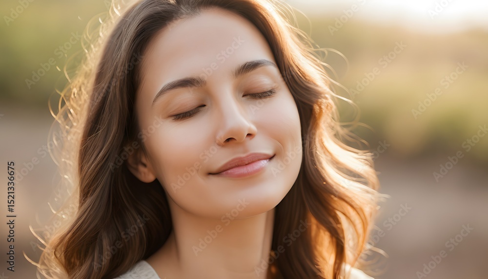 Serene woman enjoying nature outdoor setting portrait photography natural light close-up mindfulness and well-being Serene woman enjoying nature outdoor setting portrait photography natural light close-up mindfulness and well-being