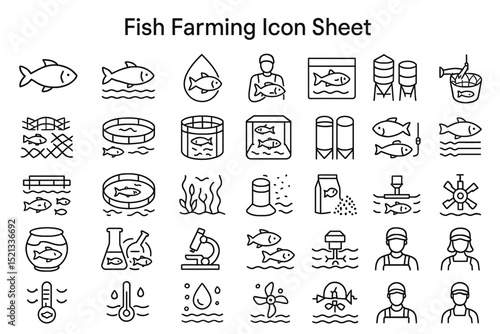 Fish Farming Icon Sheet: A comprehensive collection of detailed line icons representing various aspects of fish farming. Includes illustrations of fish, equipment, and processes.