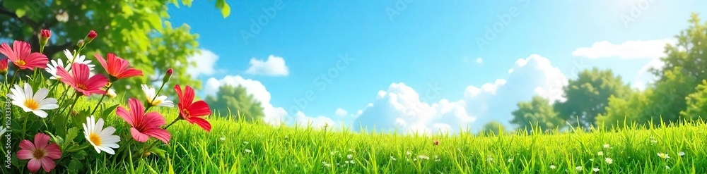 Vibrant summer scene featuring a lush green lawn, bright flowers in bloom, and a clear blue sky Perfect for summer themes, travel, and holiday imagery , nature, sky Vibrant summer scene featuring a lush green lawn, bright flowers in bloom, and a clear blue sky Perfect for summer themes, travel, and holiday imagery , nature, sky