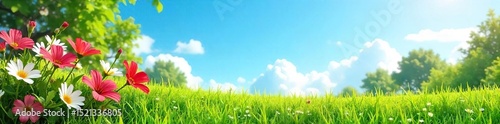 Vibrant summer scene featuring a lush green lawn, bright flowers in bloom, and a clear blue sky Perfect for summer themes, travel, and holiday imagery , nature, sky
