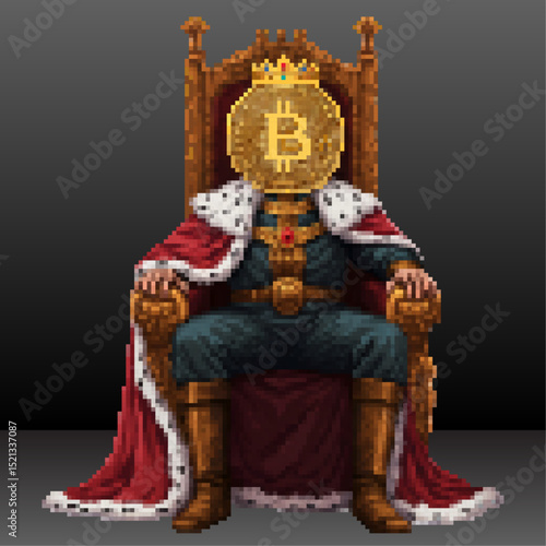 Bitcoin sitting on the throne, BTC king wearing a cape, pixel art 