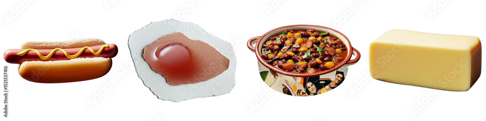 PNG collage showcases four distinct food items arranged on a transparent background. PNG collage showcases four distinct food items arranged on a transparent background.