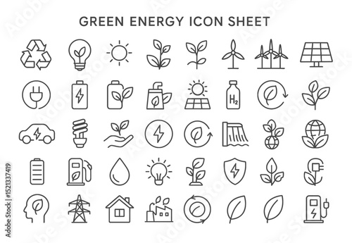 Green Energy Icons: A comprehensive set of linear icons, vividly illustrating a multitude of sustainable energy sources and environmental concepts.