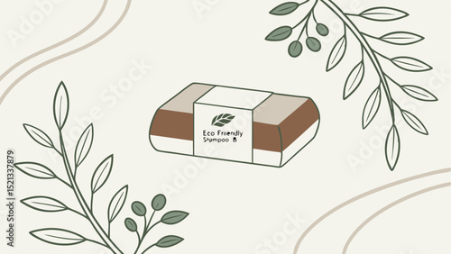 Illustration of eco friendly shampoo bar with botanical accents on a light beige colored background art
