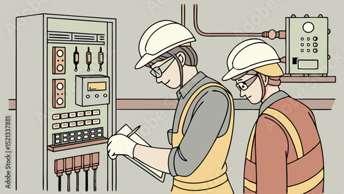 Two engineers inspecting electrical panel with gauges and switches while taking notes on clipboard