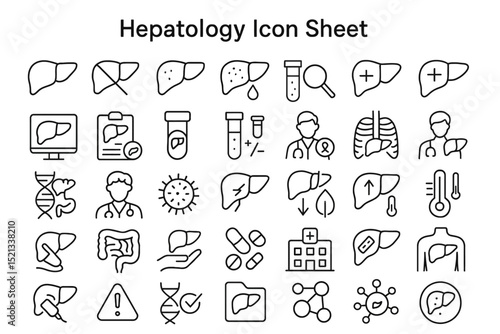 Hepatology Icon Sheet: A comprehensive collection of line icons related to hepatology, liver health, and related medical concepts.