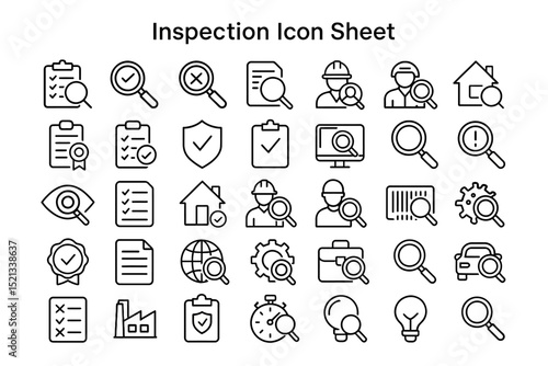 Inspection Icon Sheet: A comprehensive collection of inspection icons in a minimalist design, offering versatility for various applications related to quality control, analysis, and assessment.