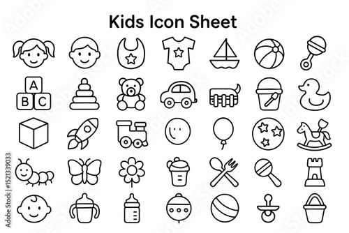 Kids Icon Sheet: A collection of simple and charming icons depicting various aspects of childhood, from toys and playthings to essential items. Ideal for designs related to children.