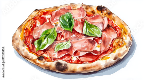 Vector illustration, watercolor painting of Prosciutto Pizza, isolated on a white background.