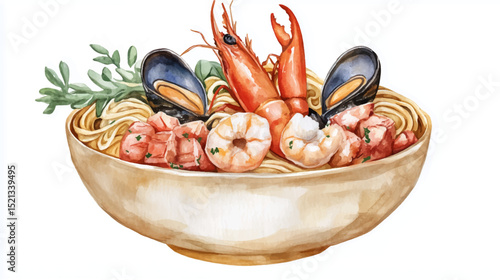 Vector illustration, watercolor painting of Italian Pasta with seafood, isolated on a white background.