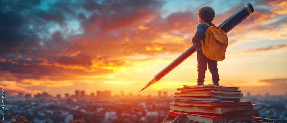 Fototapeta premium Child with large pencil standing on books against sunset background. Useful for articles on children's art and education.