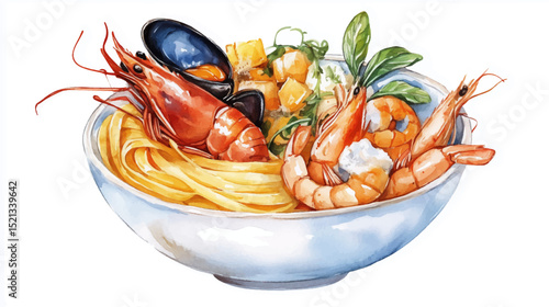 Vector illustration, watercolor painting of Italian Pasta with seafood, isolated on a white background.