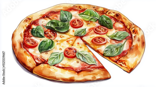 Vector illustration, watercolor painting of Italian Pizza, isolated on a white background.