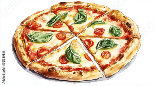 Vector illustration, watercolor painting of Italian Pizza, isolated on a white background.