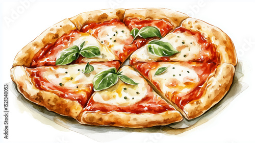 Vector illustration, watercolor painting of Italian Pizza, isolated on a white background.