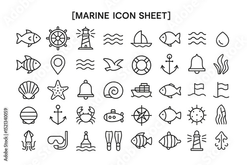 Marine Icons: A curated collection of detailed marine icons, featuring an array of nautical symbols such as anchors, sailboats, fish, and waves, perfect for design elements.