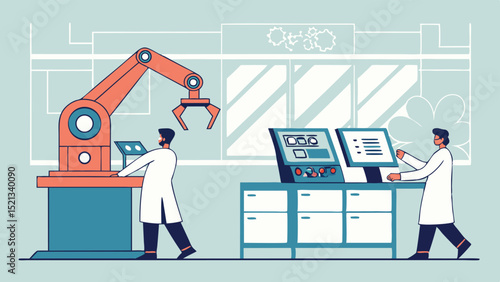 Two scientists in lab coats operating machinery with robotic arm and control panels in a laboratory setting