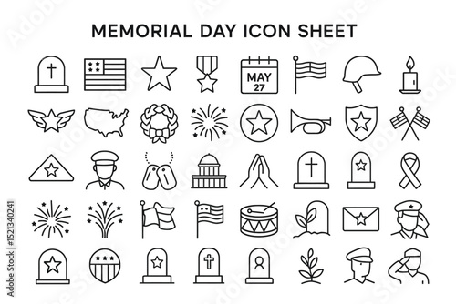 Memorial Day Icons: Set of minimalistic icons to honor and remember fallen heroes. A clean and respectful tribute in black and white line art.