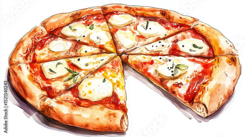 Vector illustration, watercolor painting of Italian Pizza, isolated on a white background.