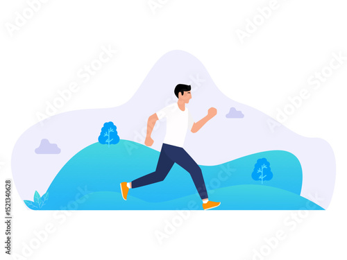 Vector flat illustration showing a person jogging and running leisurely while enjoying the scenery. Adventure Awaits: Outdoor Running with a Backpack for Fitness Enthusiasts