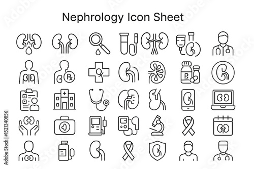Nephrology Icon Sheet: A detailed collection of nephrology icons, perfect for illustrating medical concepts related to the kidney and its functions. 