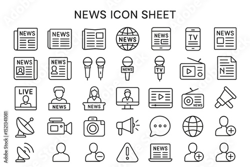 News Icon Sheet: A comprehensive collection of news-related icons, perfect for websites, applications, and presentations.  Includes various symbols for news reporting, broadcasting, and communication.