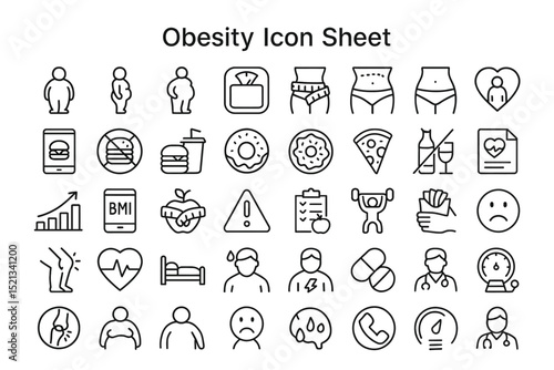 Obesity Icon Set: A comprehensive set of vector icons meticulously illustrating a range of topics around obesity. They offer a visual exploration of factors, concepts.