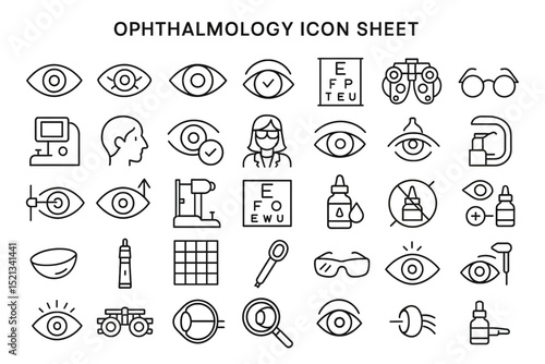 Ophthalmology Icon Sheet: A comprehensive and detailed collection of clean-lined ophthalmology icons, offering a visual guide to the tools and elements of eye care. 
