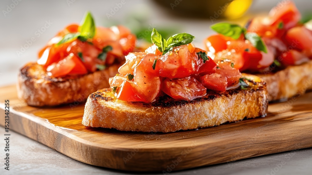Tasty bruschetta topped with fresh diced tomatoes and basil on a wooden board, presenting a delightful appetizer rich in color and flavor that tempts your taste buds. Tasty bruschetta topped with fresh diced tomatoes and basil on a wooden board, presenting a delightful appetizer rich in color and flavor that tempts your taste buds.